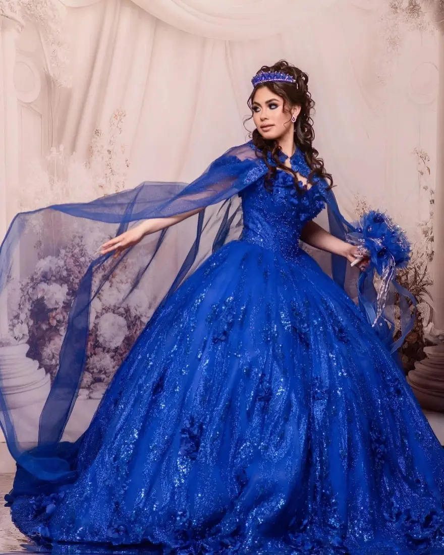 Luxury Royal Blue Quinceanera Ball Gown ดอกไม้ Applique คริสตัล Cape หวาน 16 Dresses Party Gowns YQD68 ที่กําหนดเอง