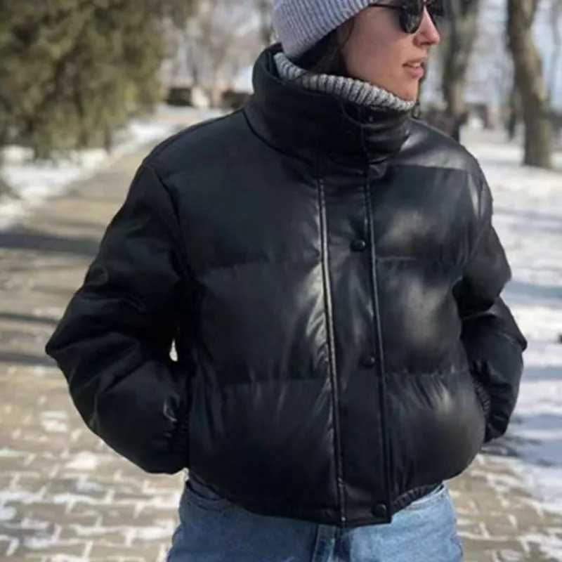 Winter New European and American Wind Leather Cotton Clothes Women's Standing Collar Short Warm Bread Clothes Cotton Clothes Mot