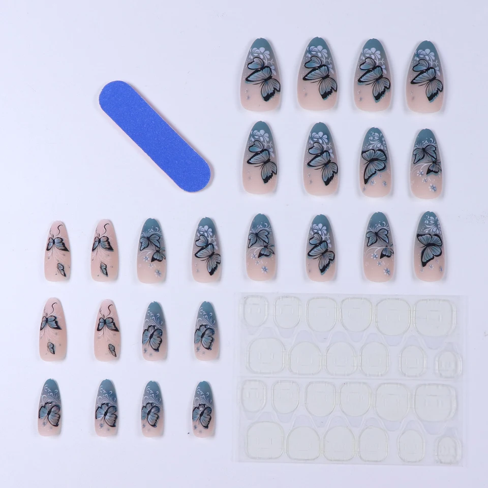 24 uñas postizas azules en forma de ballet, con mariposas y flores azules, delicadas y elegantes 3