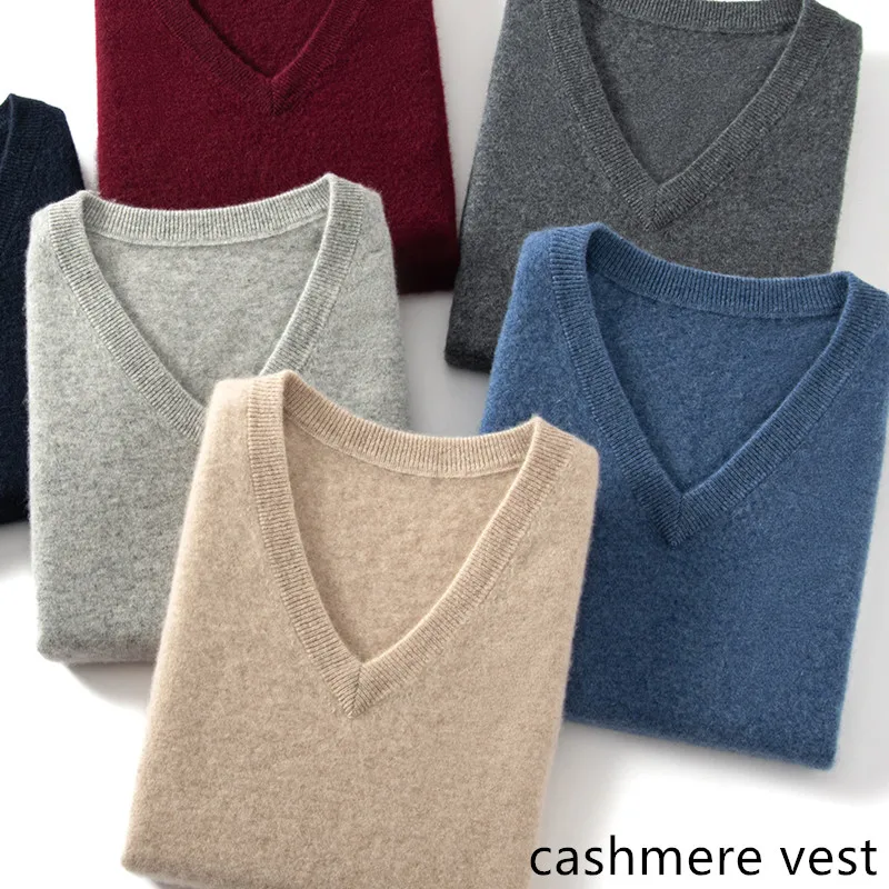 

Осенне-зимний мужской жилет из 100% кашемира, вязаный, с V-образным вырезом, свободный, офисный, однотонный, без рукавов, классический пуловер
