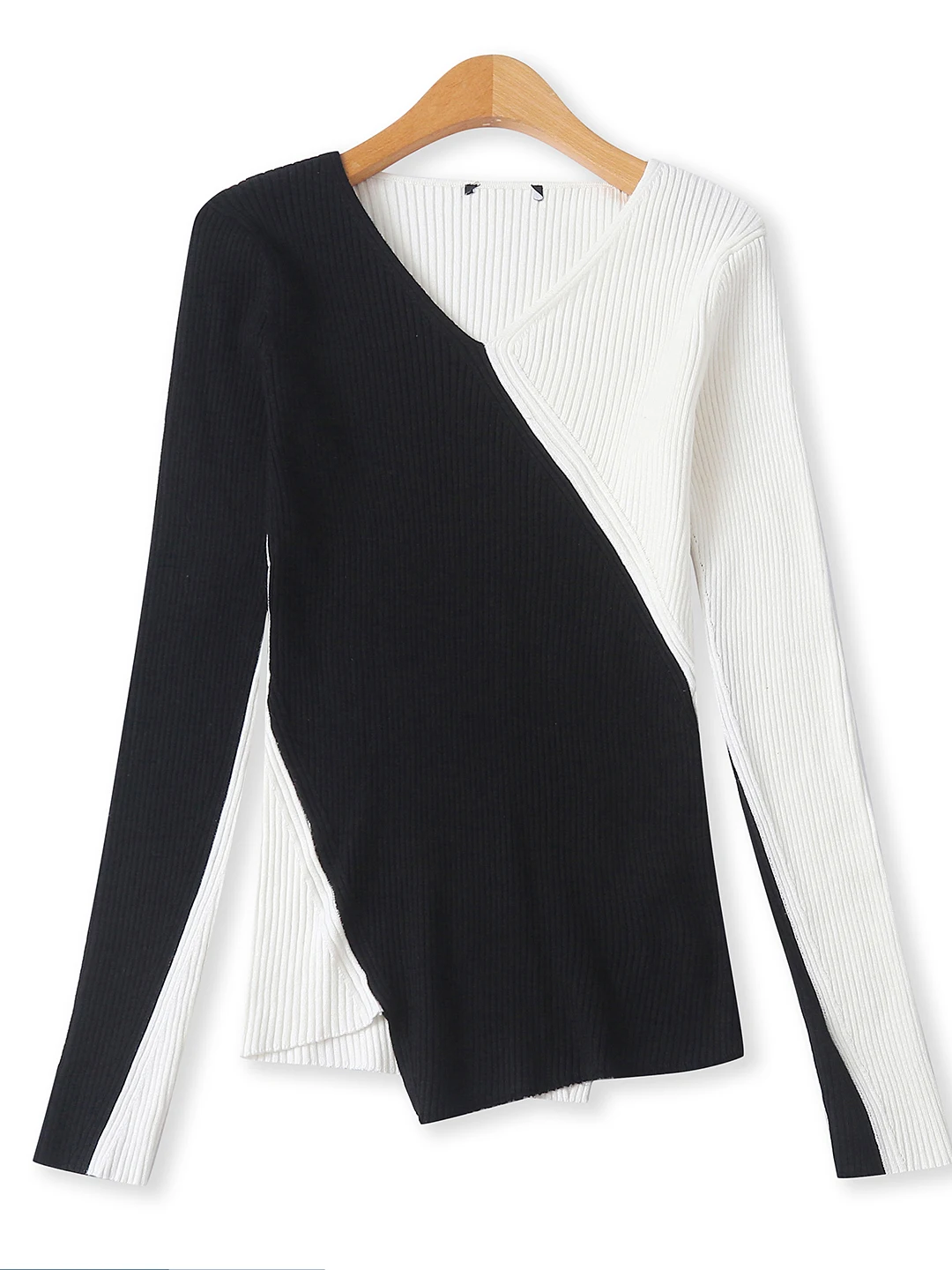 

Faionable V-Ne Long Sve Color Blo Sweater Autumn New Sle Women's Slim Fit Irregular Knitted Top by Empr Polya