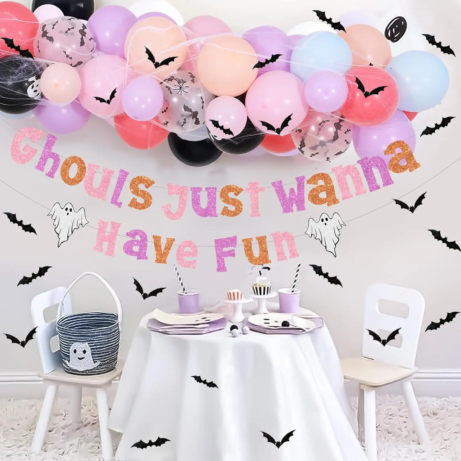 Pastel Halloween Party Decorations - Balloon Garland Arch Kit with Ghouls Just Wanna Have Fun Banner, Bat Stickers, Spider Web for Bachelorette Birthday Party Supplies