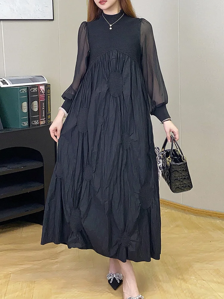 GVUW Pleated A Line Dress Women Stand Collar Full Sleeve Solid Color Medium Long Patchwork New 2025 Female Dresses 17G8727