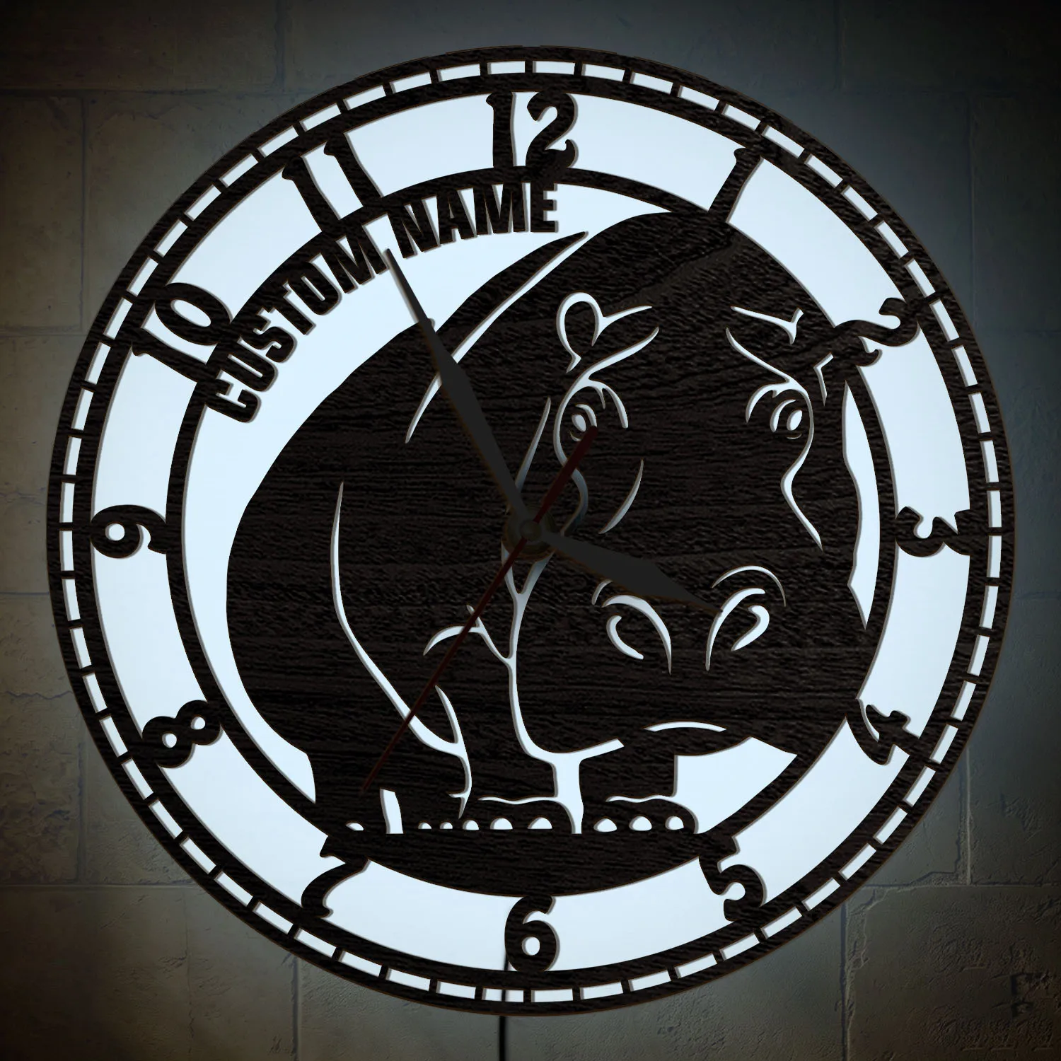 Safari Hippopotamus Custom Name LED Night Light Wall Clock Safari Wildlife Hippo Home Decor Illuminated Glowing Wood Wall Clock