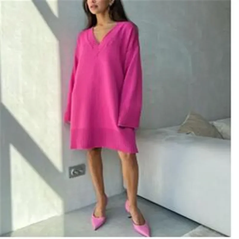 

Simple Stripe Thread Knit Short Dress Female Fashion Medium Length Solid Color High Neck Warm Loose Sweater For Women