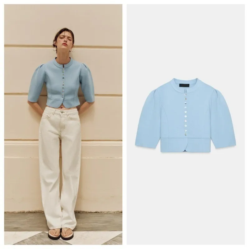 Light Blue Round Neck Puff Sleeve Knit Cardigan Single Button Three-Quarter Sleeve Cropped Casual Fashion Cozy Top