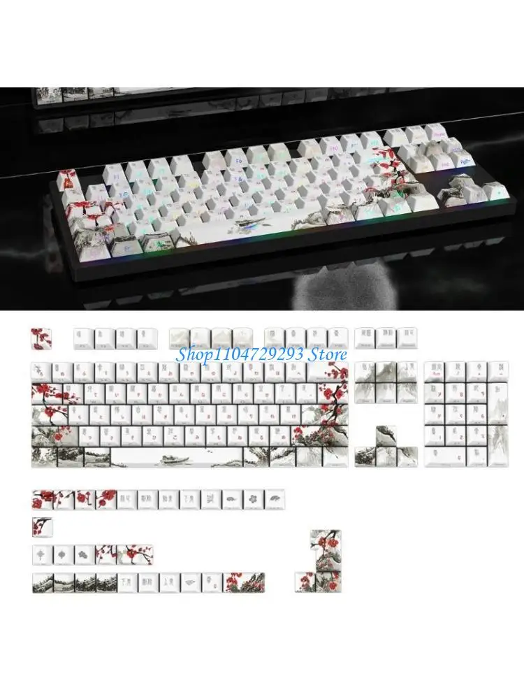 Y2GD 135pcs Russian Keycaps Novelty DYESUB Plum Blossom CherryKeycap Korean Japanese