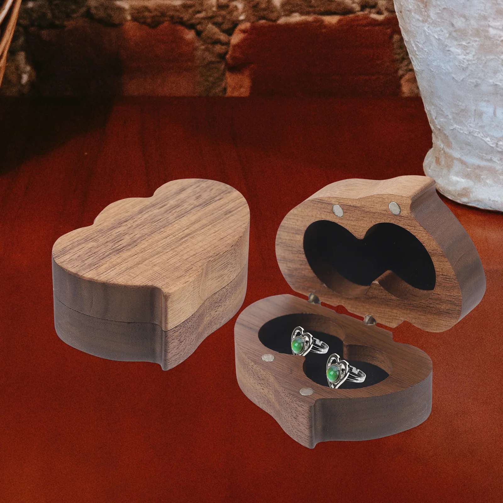 

Solid Wood Jewelry Box Double Heart Shape Black Walnut Rings Case for Gift Romantic Wooden Storage Heart Shaped Boxes