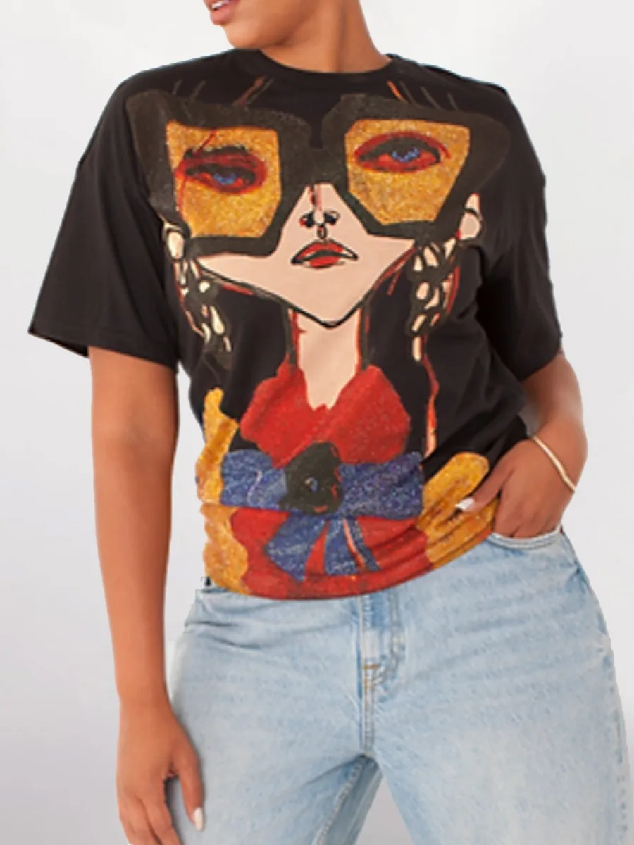 Camiseta de ajuste Regular con estampado de figura LW para mujer, Top Vintage de moda, Tops de lentejuelas con hombros caídos, camisetas de verano