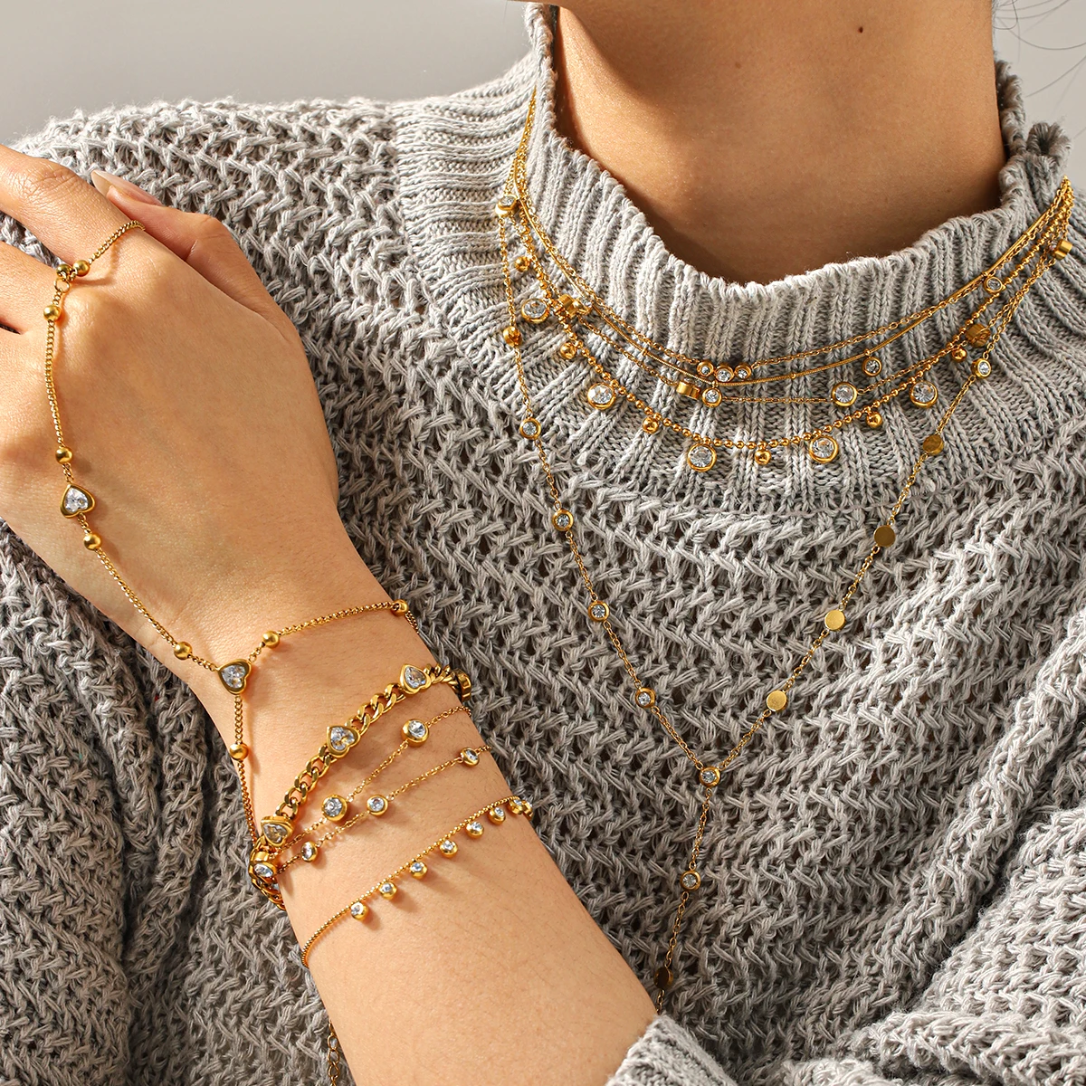 

Gold Plated Zircon Flower Jewelry Set For Women Dainty Necklace Bracelet Hypoallergenic Stainless Steel Tarnish Resistant Gift