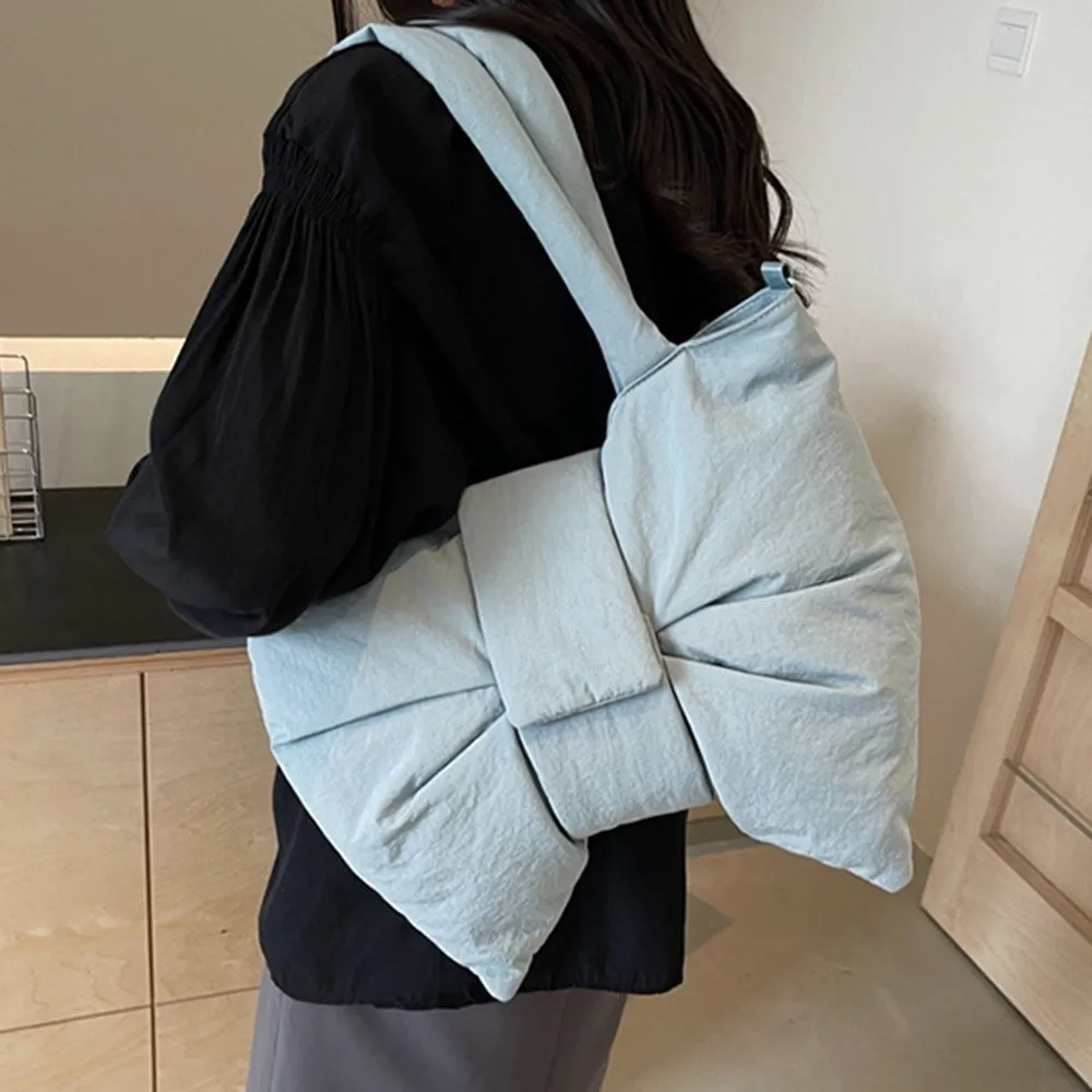 

Korean Style Ruched Bowknot Shoulder Bag Cotton Padded Large Capacity Nylon Quilted Tote Bag Soft Stylish Crossbody Bags Travel