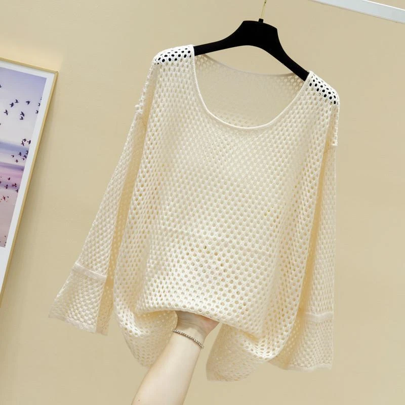 Mesh Loose New Knit Sunscreen Tee Women Korean Fashion T-shirt Hollowed Out Summer Sweater Casual Pullover Long Sleeve Tops