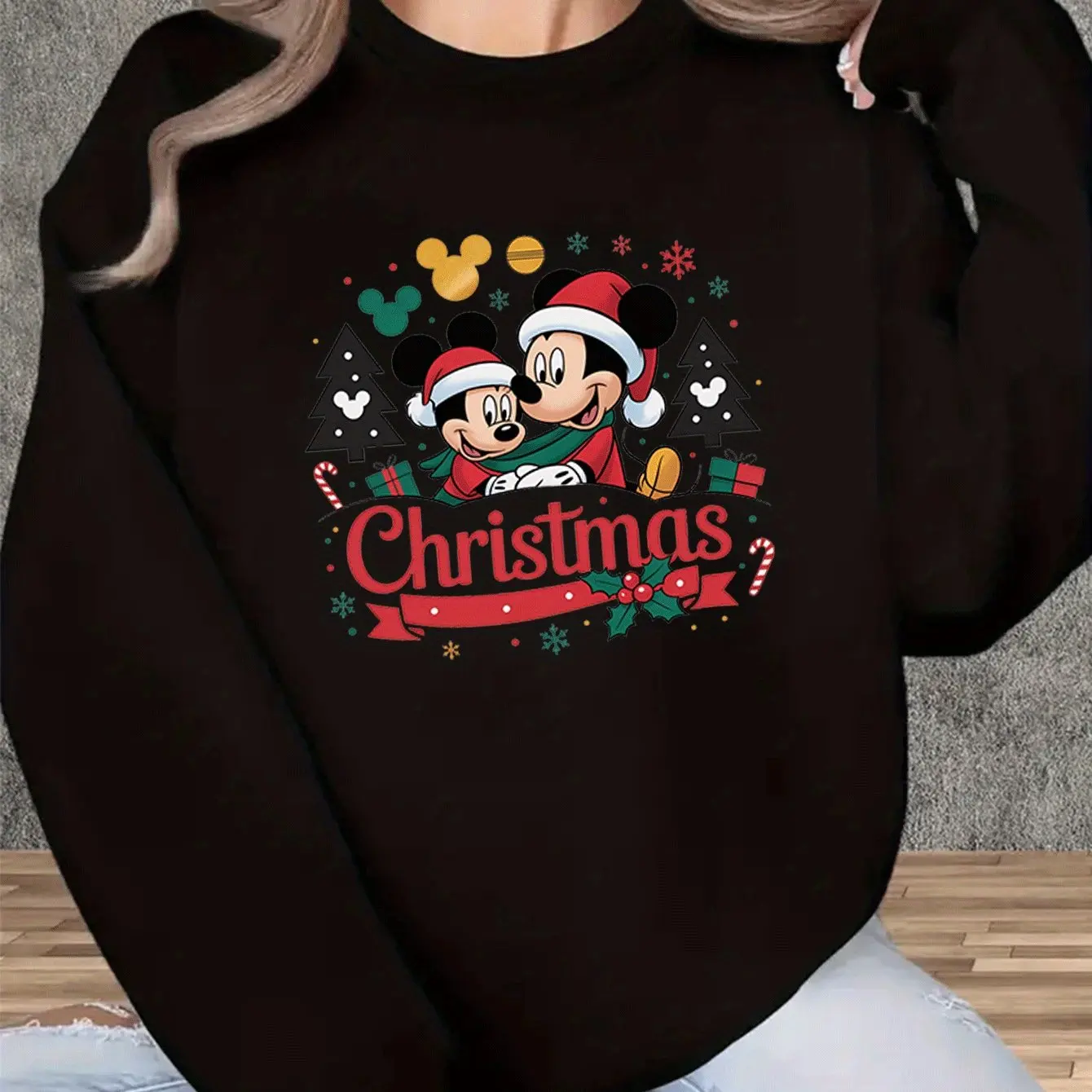 

Women's Disney Mickey Mouse Christmas Pullover Sweater Fashion Oversized Unisex Crew Neck Sweater Autumn Winter Fleece Casual