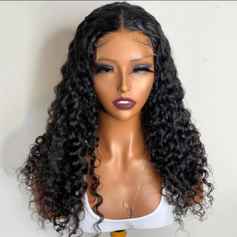 

Long 26" Black Soft 180Density Glueless Kinky Curly Lace Front Wig For Women With Baby Hair Synthetic Preplucked Heat Resistant