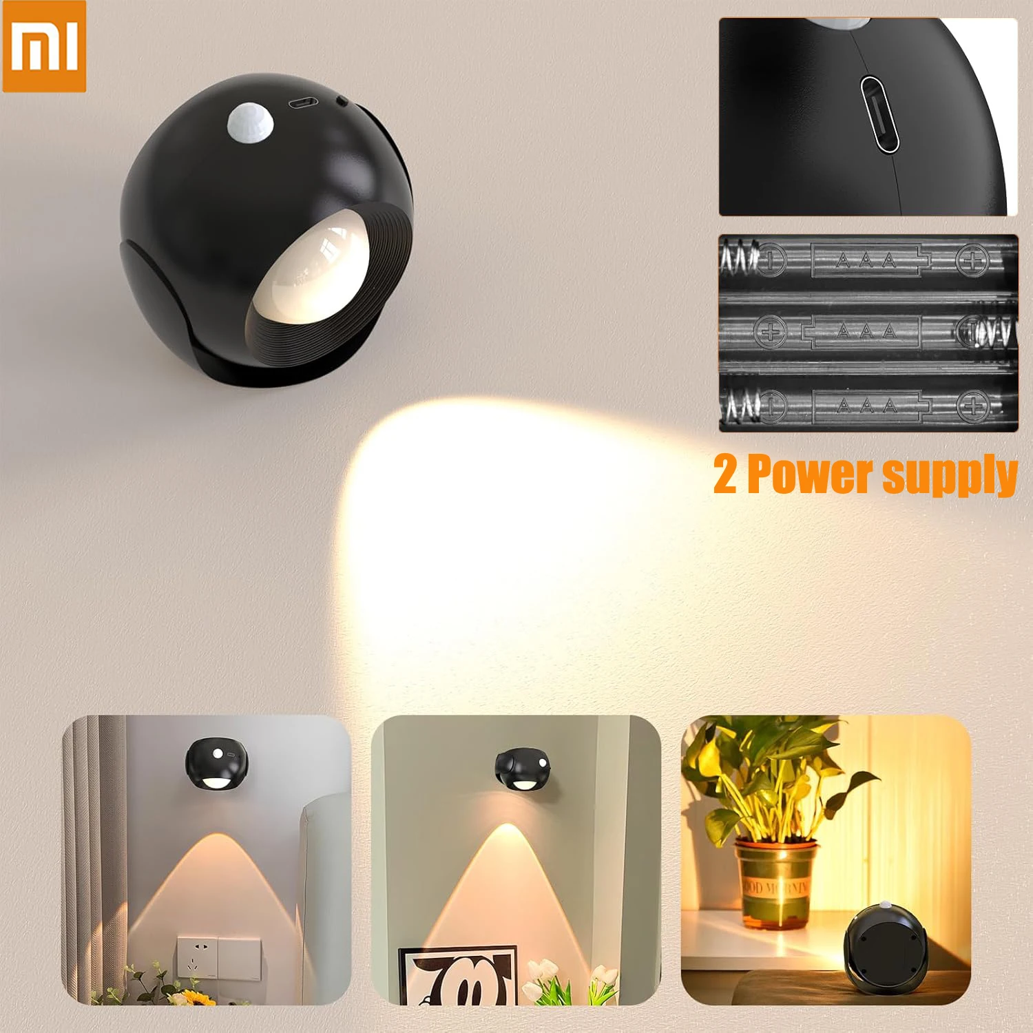 Светодиодный ночник Xiaomi с датчиком движения, аккумулятор 3200 мАч, настольная лампа 350 °   Вращающийся магнитный настенный светильник для спальни