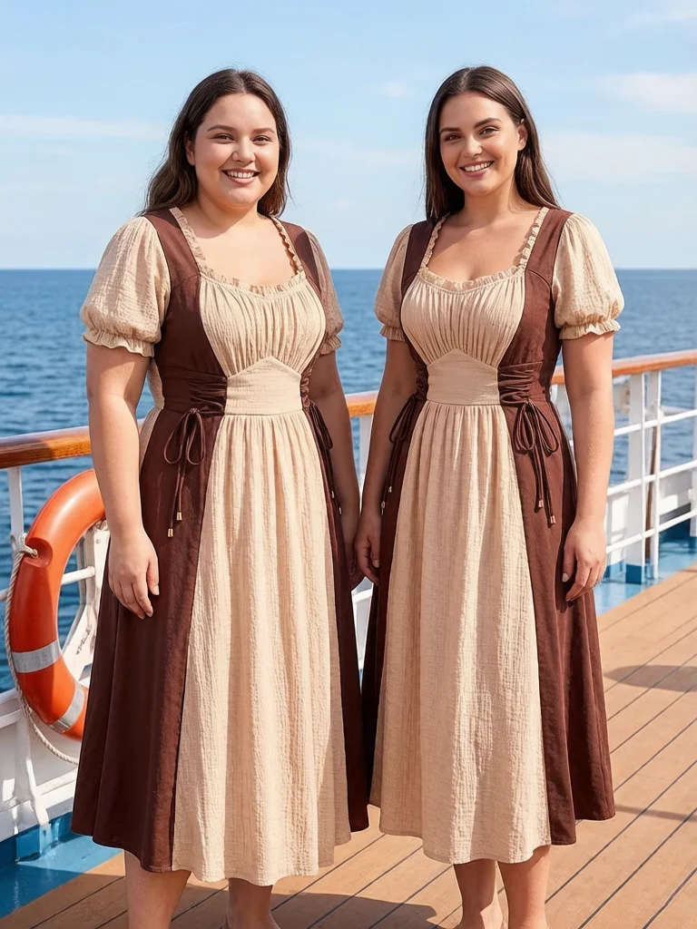 Women Plus Size Dress Vintage Two Tone Color Block Patchwork Square Neck Puff Sleeve Lace Up Waist Casual Midi Dresses Vestidos
