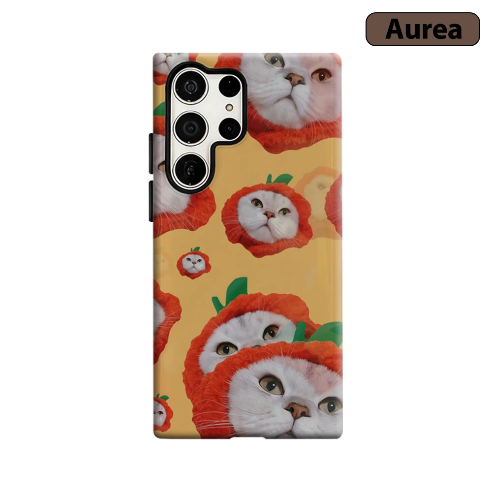 Verspielte Tomaten-Katzen-Collage Handyhülle für Samsung Galaxy S25 Ultra S24 S23 Ultra Plus Stoßfeste Doppelschicht Robuste Rückabdeckung