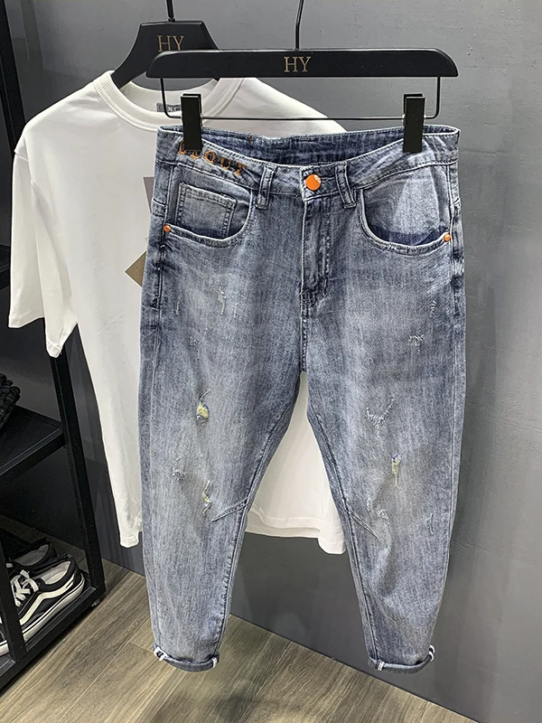

High-End Men's Fashionable Embroidered Hole Denim Pants Loose Harlan Trousers Korean Style Casual Summer Jeans Cotton Elastic