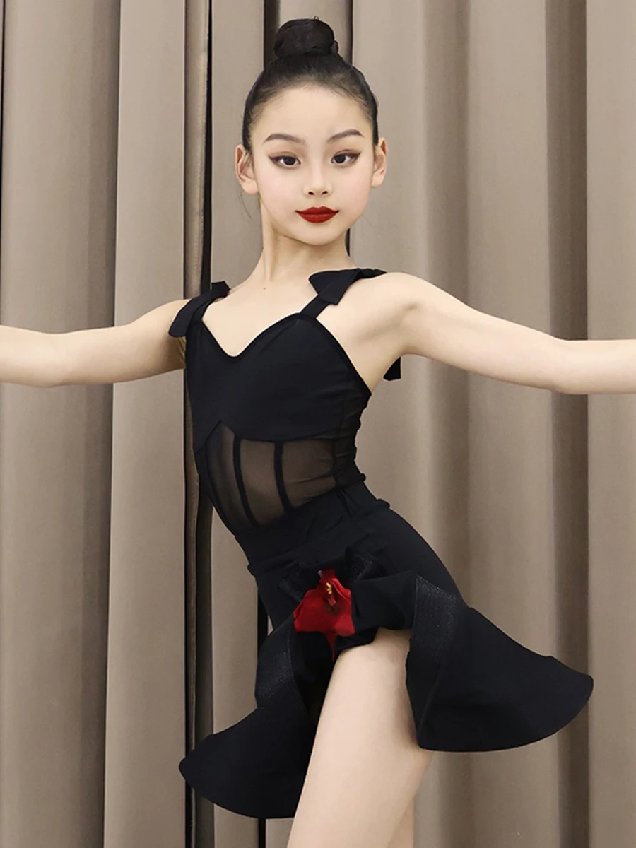 Girls Latin Dance Clothes Mesh Black Sleeves Tops Skirt Suit Kids Cha Cha Rumba Samba Dance Training Practice Clothing