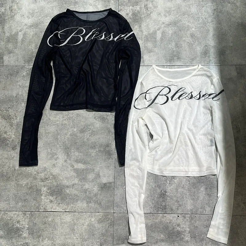 الهيب هوب الأمريكية إلكتروني طباعة Harajuku سليم القطن الجولة الرقبة تي شيرت المرأة عادية خمر Y2K موضة شارع العليا بأكمام طويلة #1