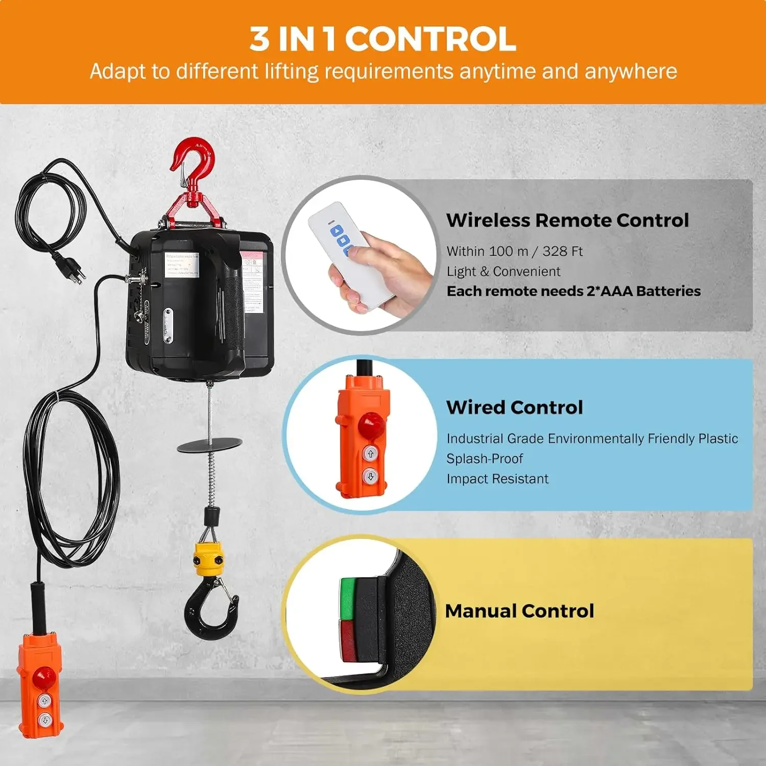 3 in 1 Portable Electric Hoist Wireless Remote Control 110V 700kg 1543lbs Capacity 120 Volts Winch Crane Machine Hook Pulley