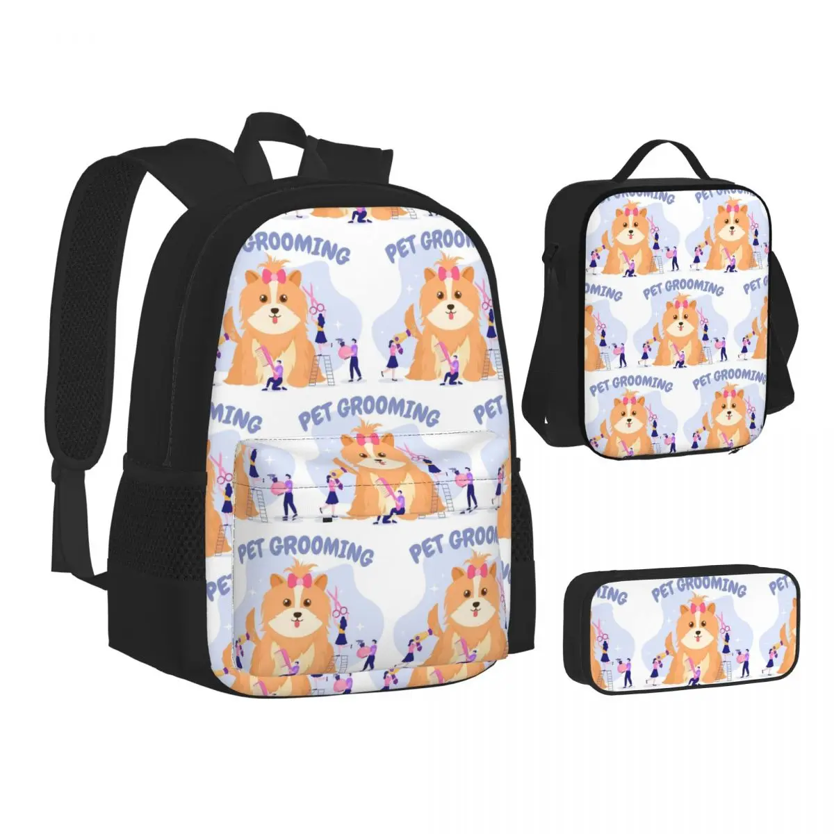 

Pet Grooming For Dogs And Cats Backpacks Students Bookbag School Bags Children Rucksack Lunch Bag Pen Bag Three-Piece Set