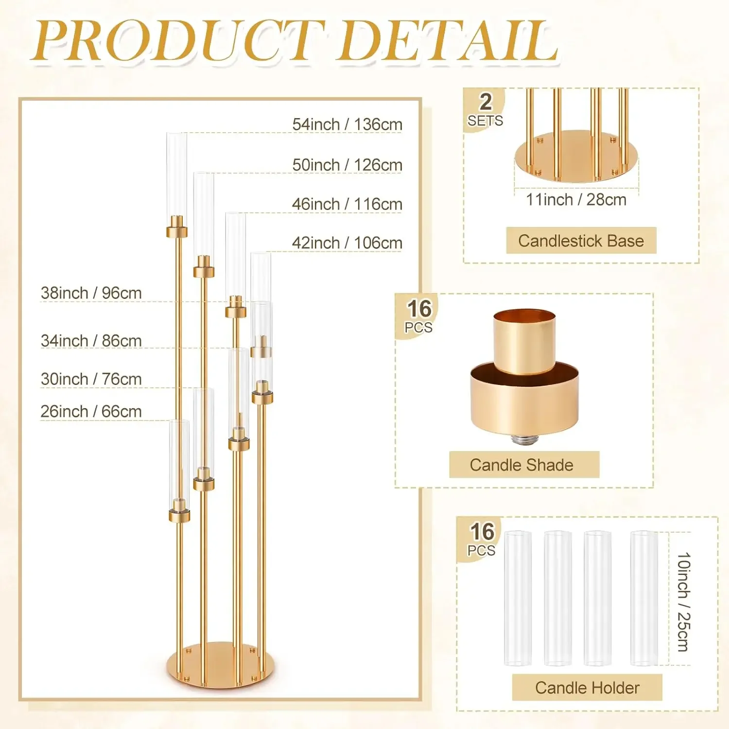 2 Sets Floor Candelabra 8 Arms 54 Inch Tall Metal Candle Holders  for Table Candle Holder with Acrylic Lampshade