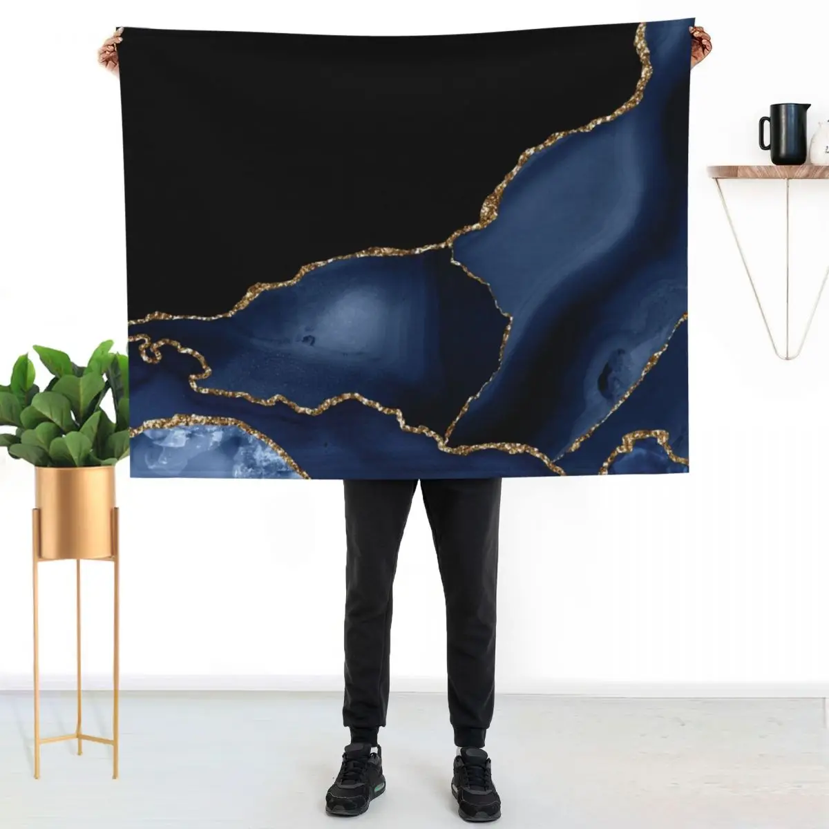 Navy & Gold Agate Texture 03 Throw Blanket Furry blankets and throws Sofa decorative cosplay anime Flannel Blankets