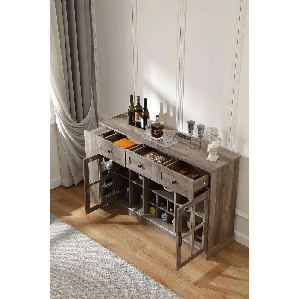 خزانة بار النبيذ والمشروبات مقاس 55.1 بوصة مع أقفال، و7 مصابيح LED، ورف منزلق، ورف مفتوح، و3 أدراج، وخزائن