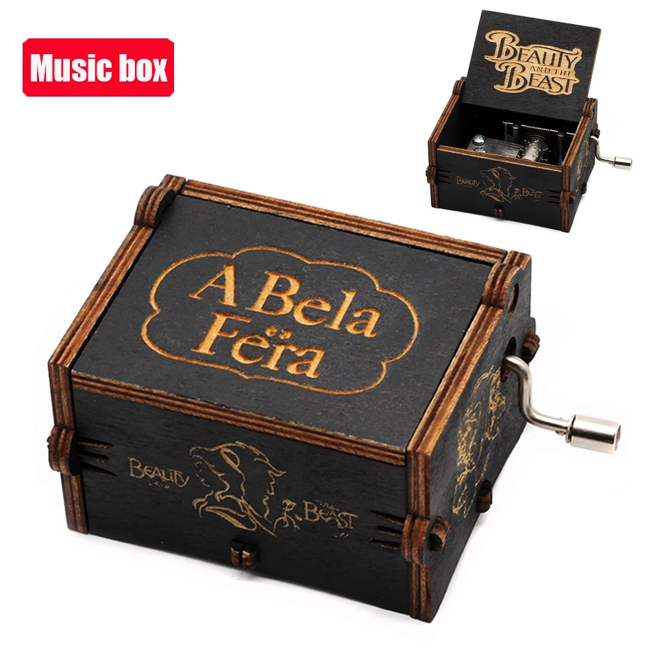 Hot *Antique carved Wooden Hand Crank Beauty and the Beast Music Box Christmas Birthday Gift