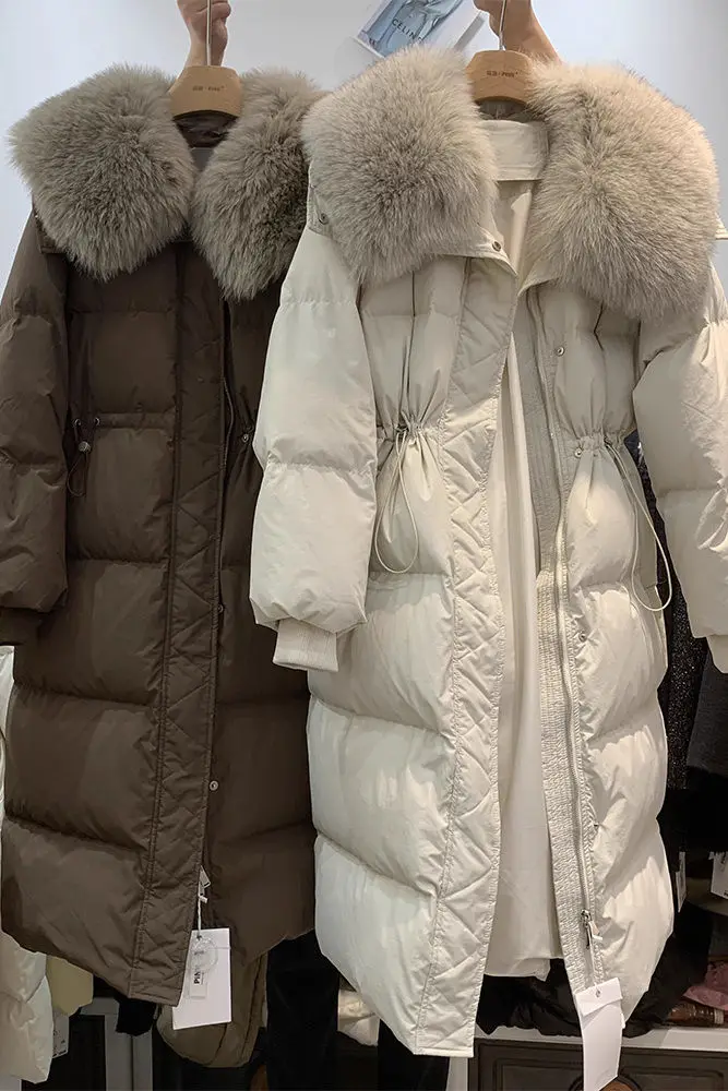 

​​2025 Winter Women's Cotton Blend Coat Big Faux Fur Collar Cinched Waist Slimming Knee Length Thickened Puffer Jacket​​