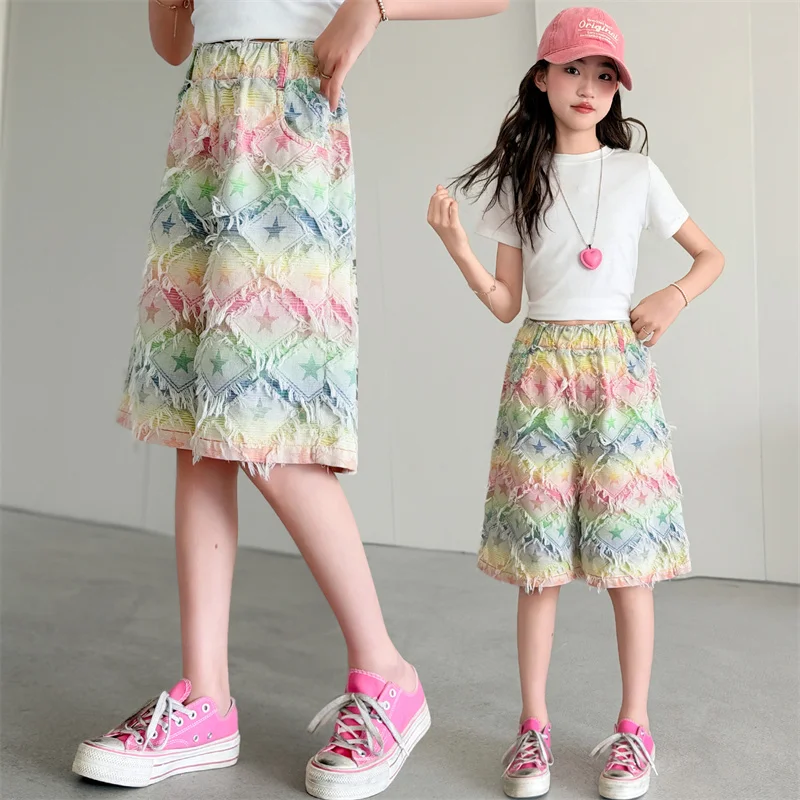 Summer Girls Colorful Five-Pointed Star Denim Knee-Length Shorts Korean Fashion Hot Deals Children Wide Leg Shorts for 5-14Years