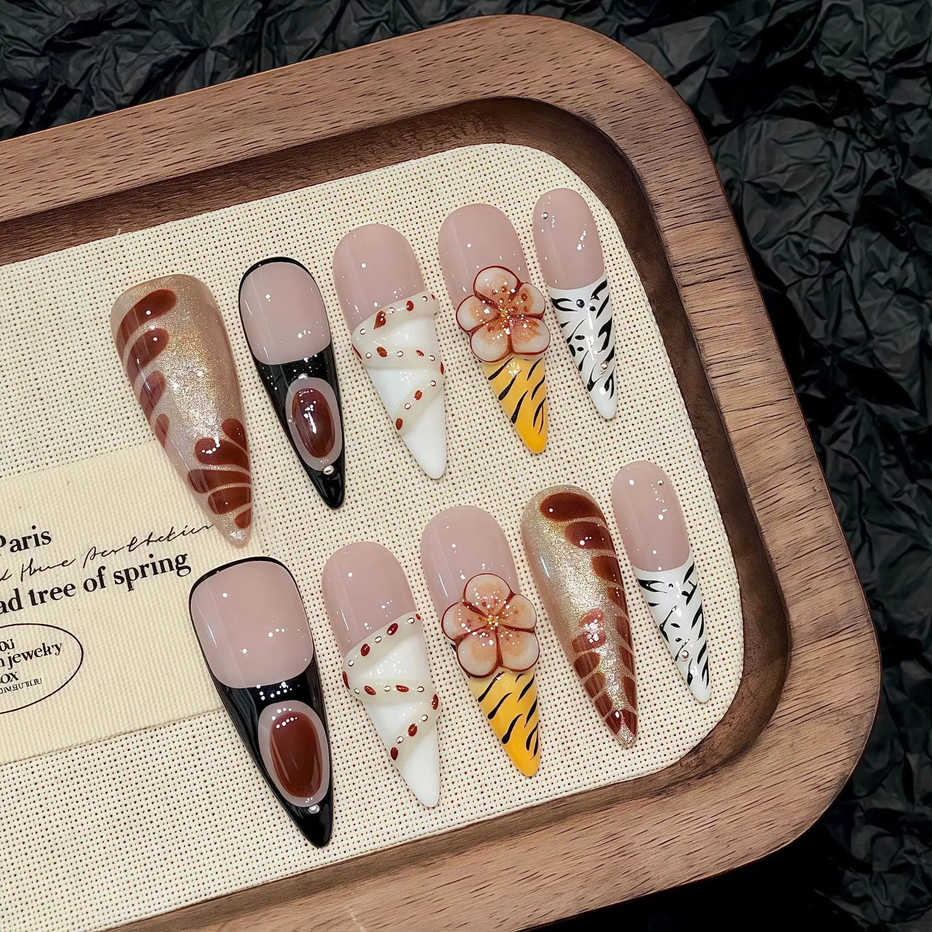 

10 ручных 3D - резных цветов, длинные ногти, тонкие каблуки, французский леопардовый гвоздь, европейский маникюр