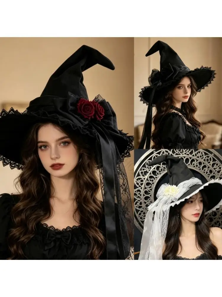 R7UF Soft Fabric Costume Witch Hat with Tall Pointed Top, Wide Brims, Attached Bowknot Decors, and Decorative Rose Flower for