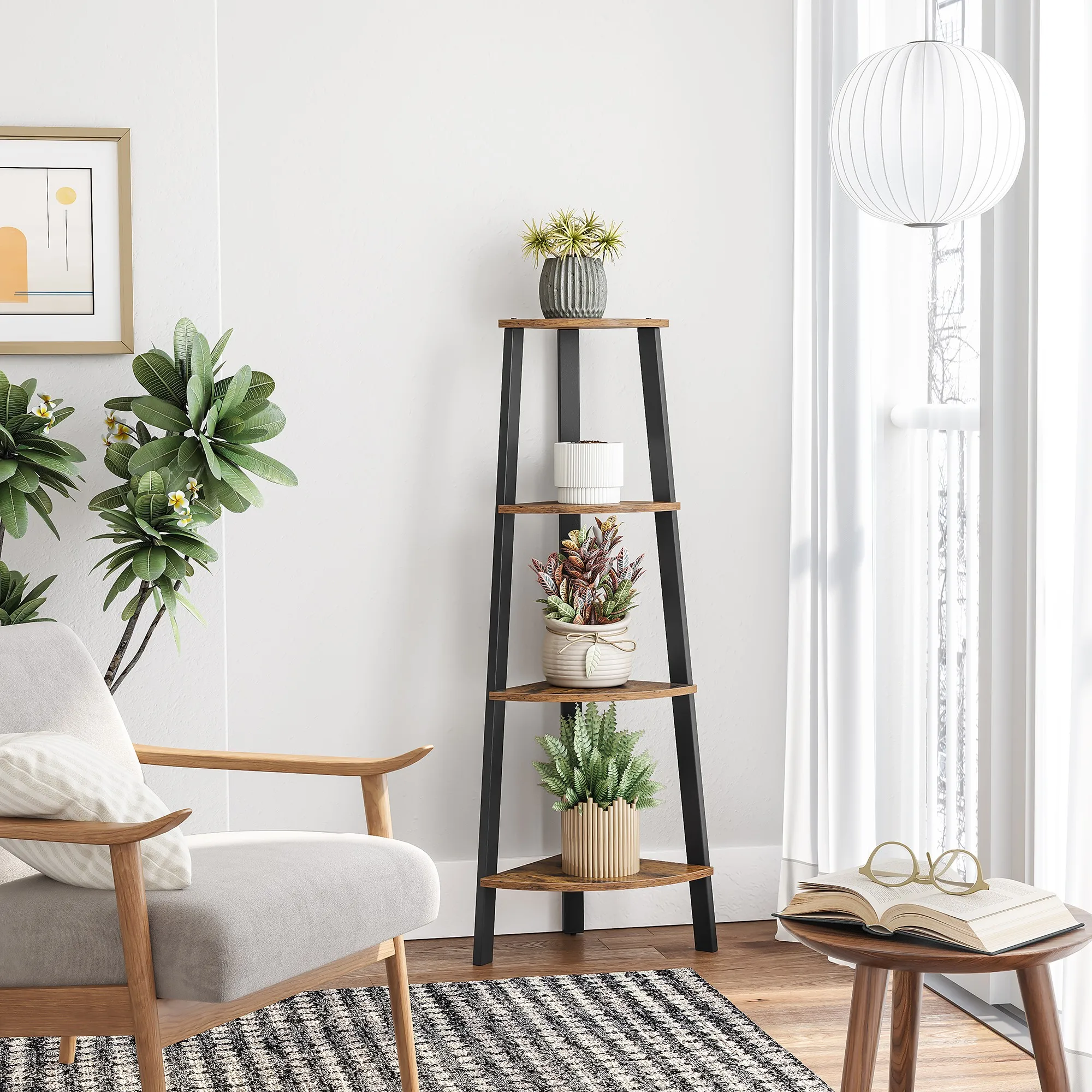 VASAGLE 4-Tier Corner Shelf. Ladder design for Living Room, Bookshelf, or Plant Stand. Industrial Accent Furniture.