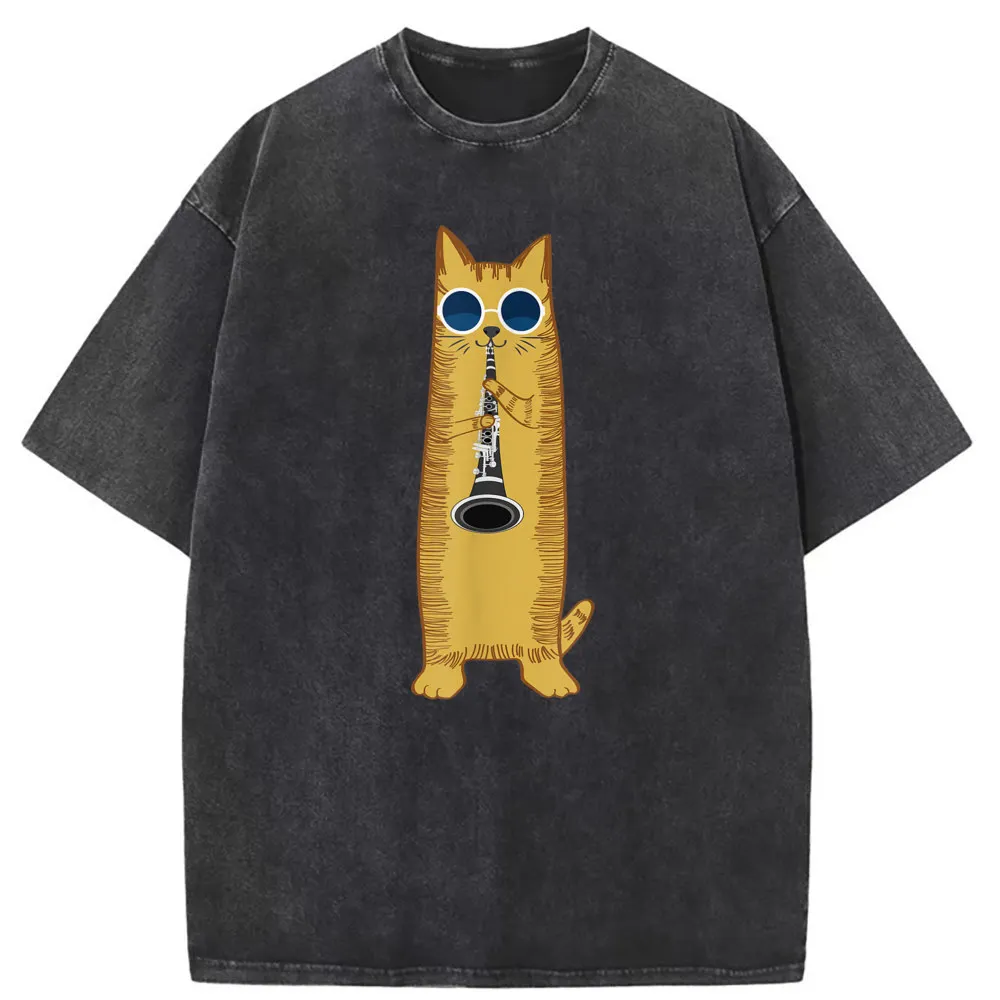 Cool Cat Playing The Clarinet Graphic Mens T-shirts Cotton Long Sleeve Tees Sweatshirts Printed Tshirts Man Retro Style Clothing