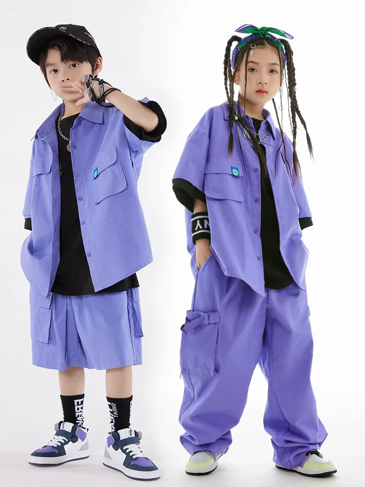 Kids Hip Hop Clothing Blue Loose Short Sleeves Shirt Coat Pants Boys Drum Street Dance Outfit Girls Jazz performance Suit