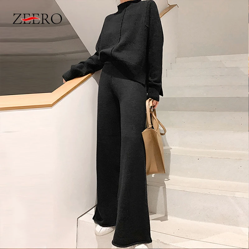 

Winter Black Casual Two Piece Set Women Knitted Loose Sweater Pullover Crop Tops + Wide Leg Pants Set Suit Female Korean Outfits