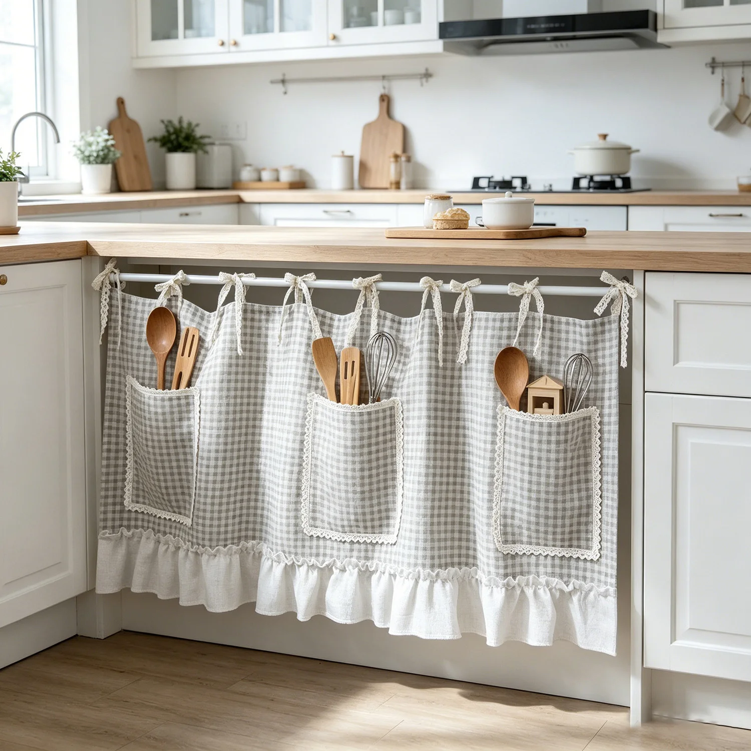 1PC Retro Lattice Lace Handmade Oven Curtain With Pockets for Kitchen Cabinet Study Cafe Home Decoration Blinds