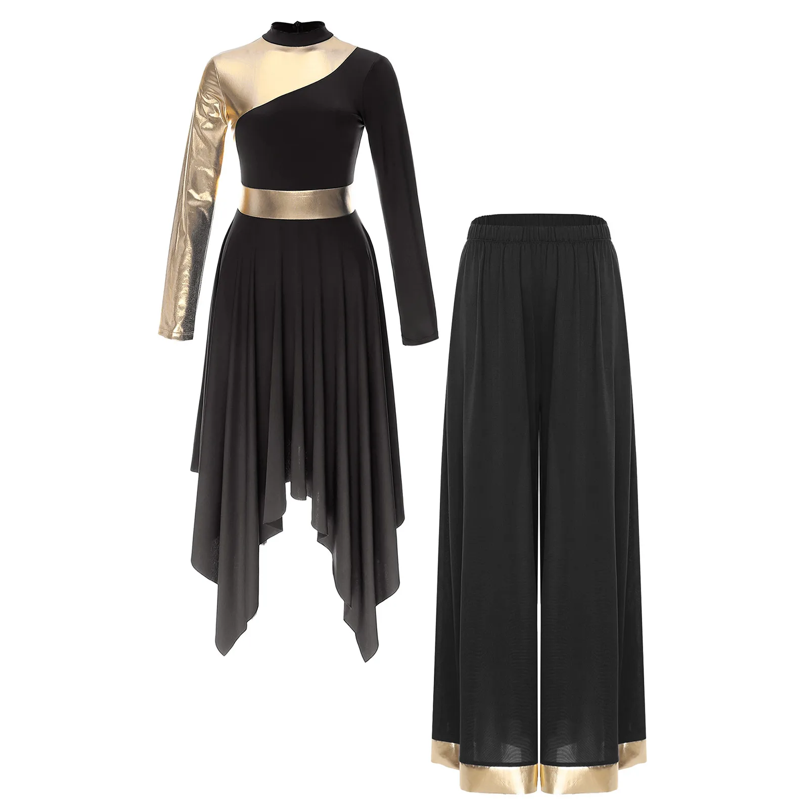 

Women Praise Dance Worship Lyrical Dance Costume Outfits Long Sleeve Asymmetrical Hem Dress and Pants Choir Stage Dancewear