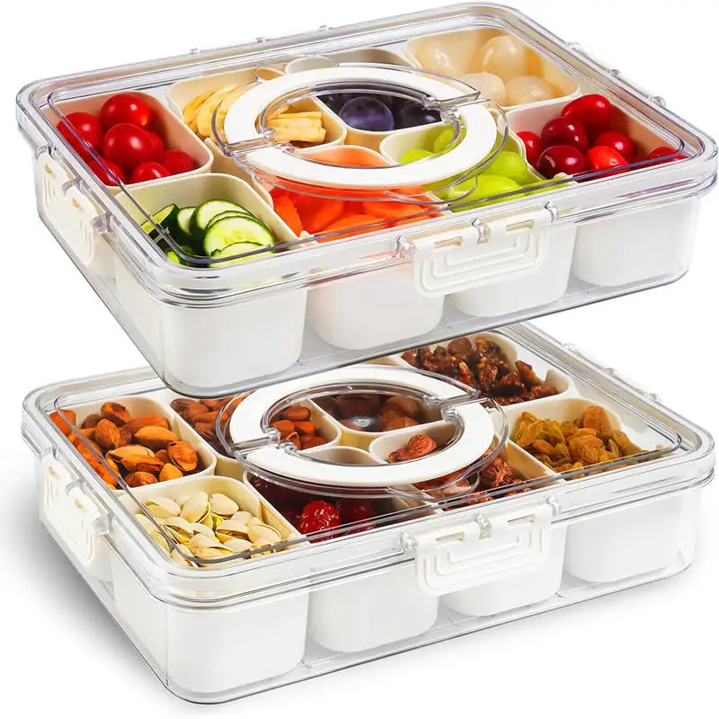 Geteiltes Serviertablett mit Deckel und Griff, tragbare Snack-Fach-Platten zum Frischhalten von Lebensmitteln, Snack-Box-Behälter
