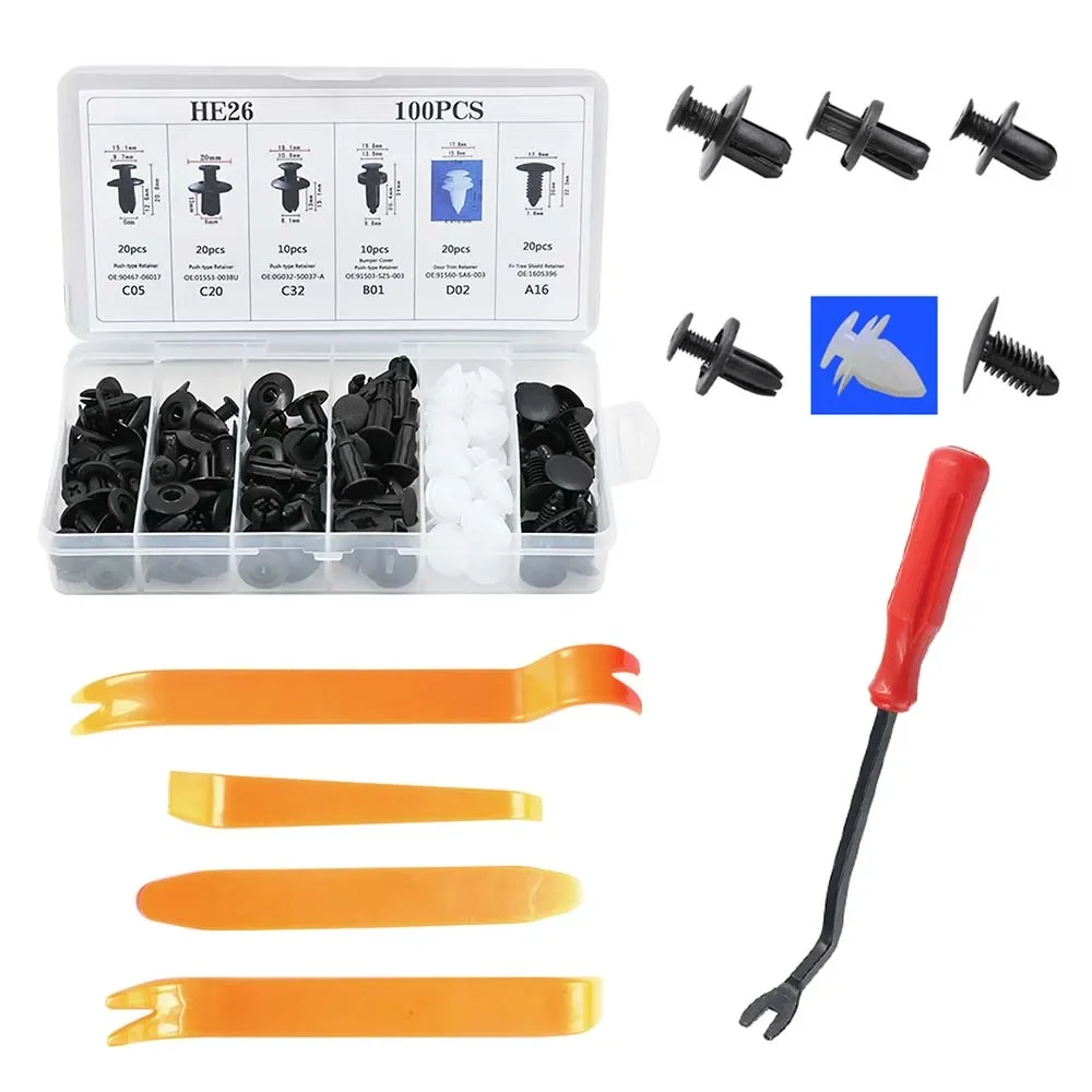 kkjoy Universal Plastic Rivet Hook Set (100pcs HE26 Type) – For Auto Body Panels, Fenders, Trims & Interior Repairs