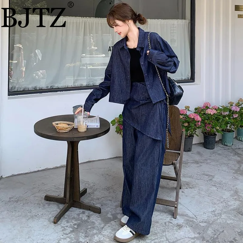 

BJTZ Fashion Office Lady Women' Two Piece Sets 2025 Spring Summer New 2 Piece Shirt Waistband Wide Leg Pants Set Female Clothing
