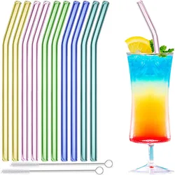 Glass Straw 10pcs Pink Bent Glass Straw Set 8'' 200mm Long Reusable Straws with Cleaning Brush for Tumblers Cups Mason Jars