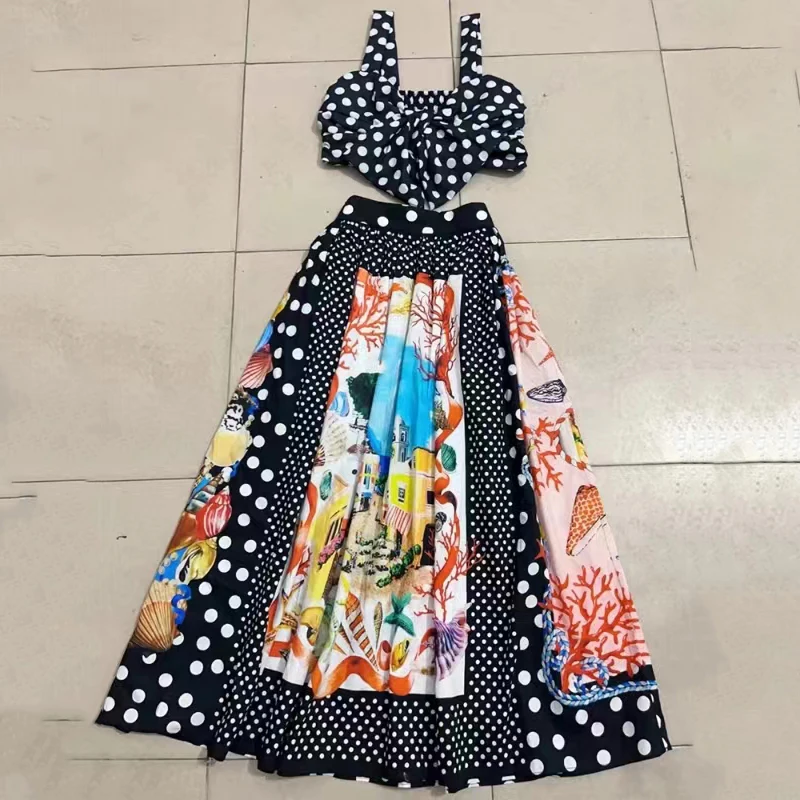 ONEINALL Retro Print Two Piece Set Women Square Collar Sleeveless Short Tops High Waist Printing A Line Skirts Set Female Summer