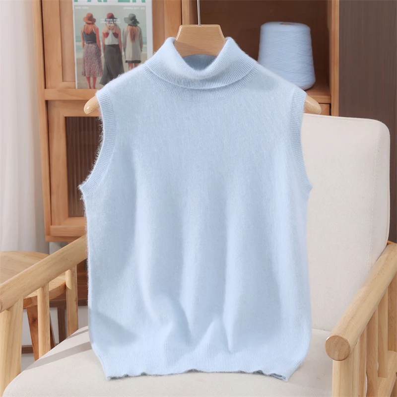 Chic Sweet Style Women's Vest Turn-Down Collar Sweater 100% Mink Cashmere Soft Warm Sleeveless Pure Color Casual Autumn Winter