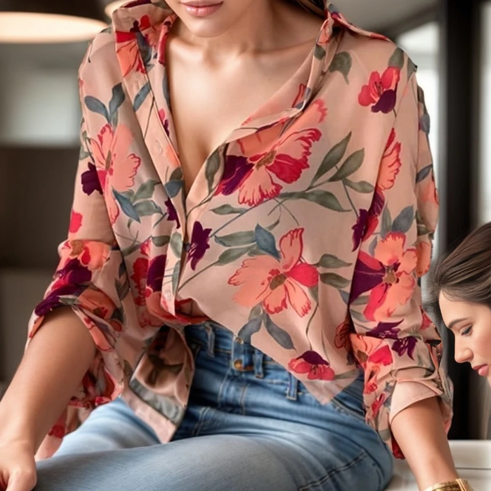 

Hong Kong style floral chiffon shirt for women's season, new style chic shirt with a clever design sense, niche top