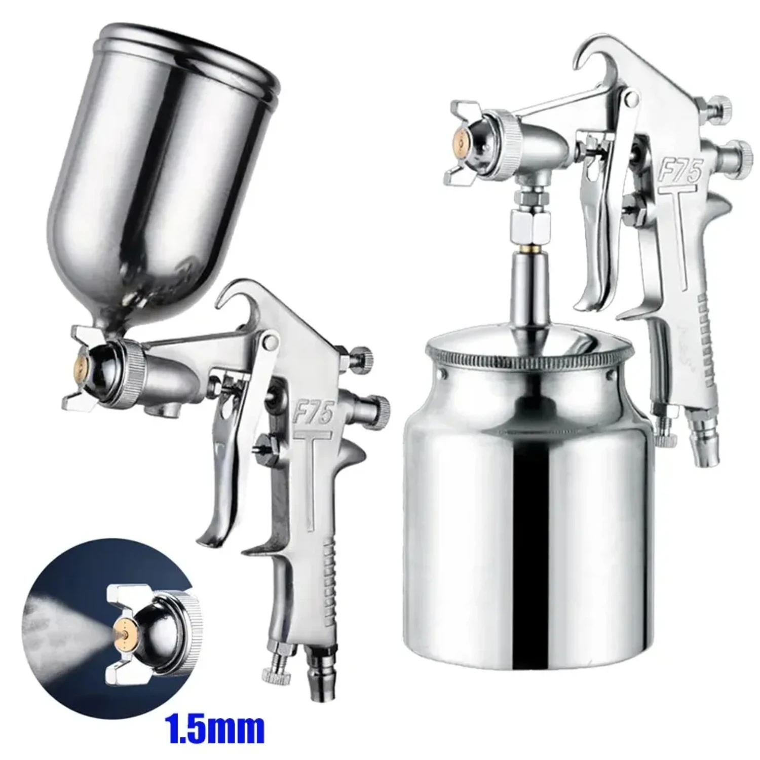 F-75 Spray Gun 1.5mm Nozzle with Cup Silver Handle Adjustable Color Spray Gun  Automotive  Parts Painting