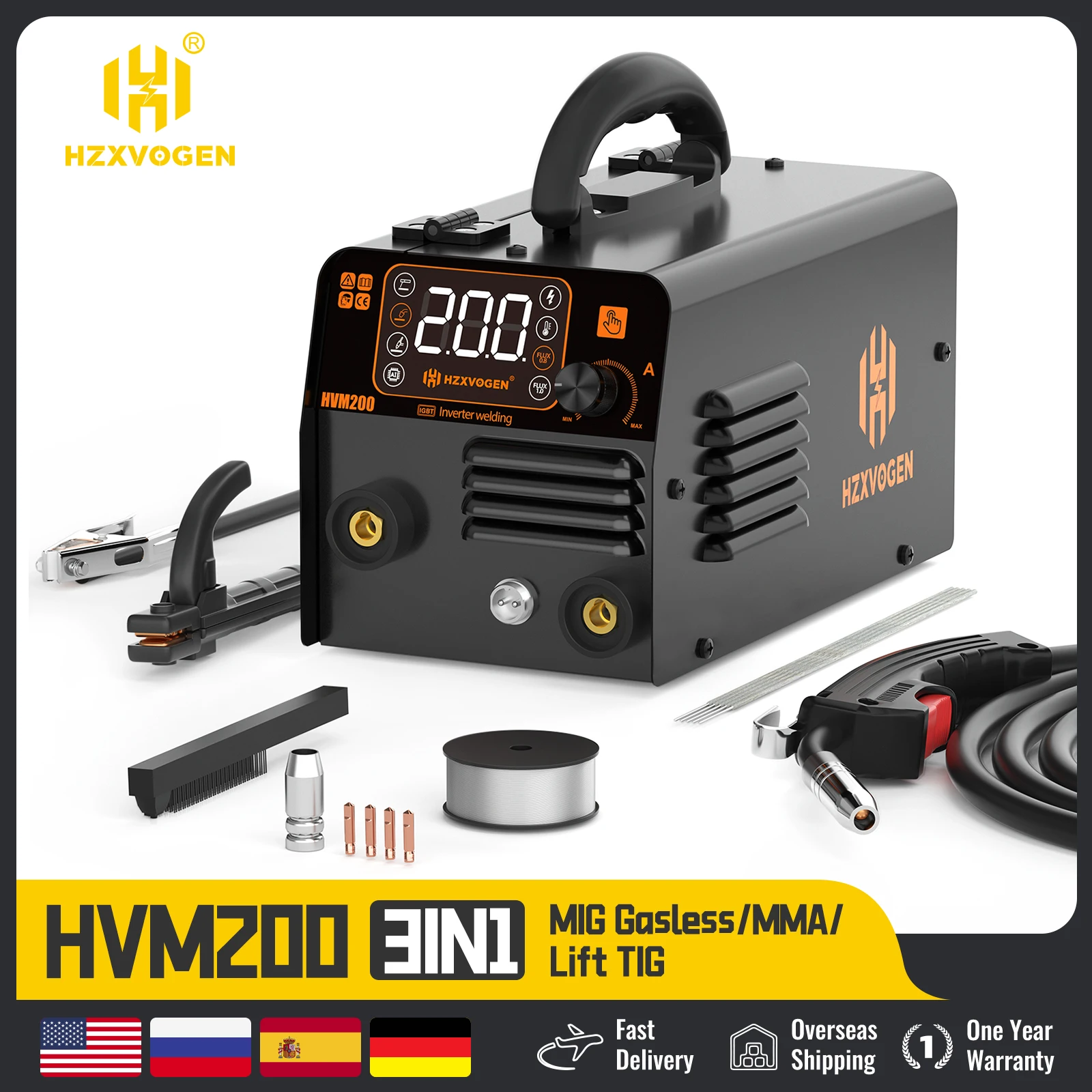 HZXVOGEN Halbautomatisches Schweißgerät HVM200 3-in-1-Schweißgerät MIG/MMA/LIFT WIG Kein Gas-Schweißgerät IGBT-Wechselrichter