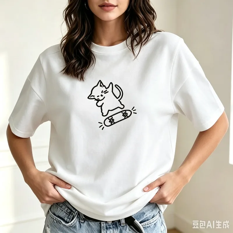 Women Cat Skateboard Graphic Tee Minimal Black Line Art Modal Casual Funny Daily Gift Top Cool Simple Teen Girl Outfit